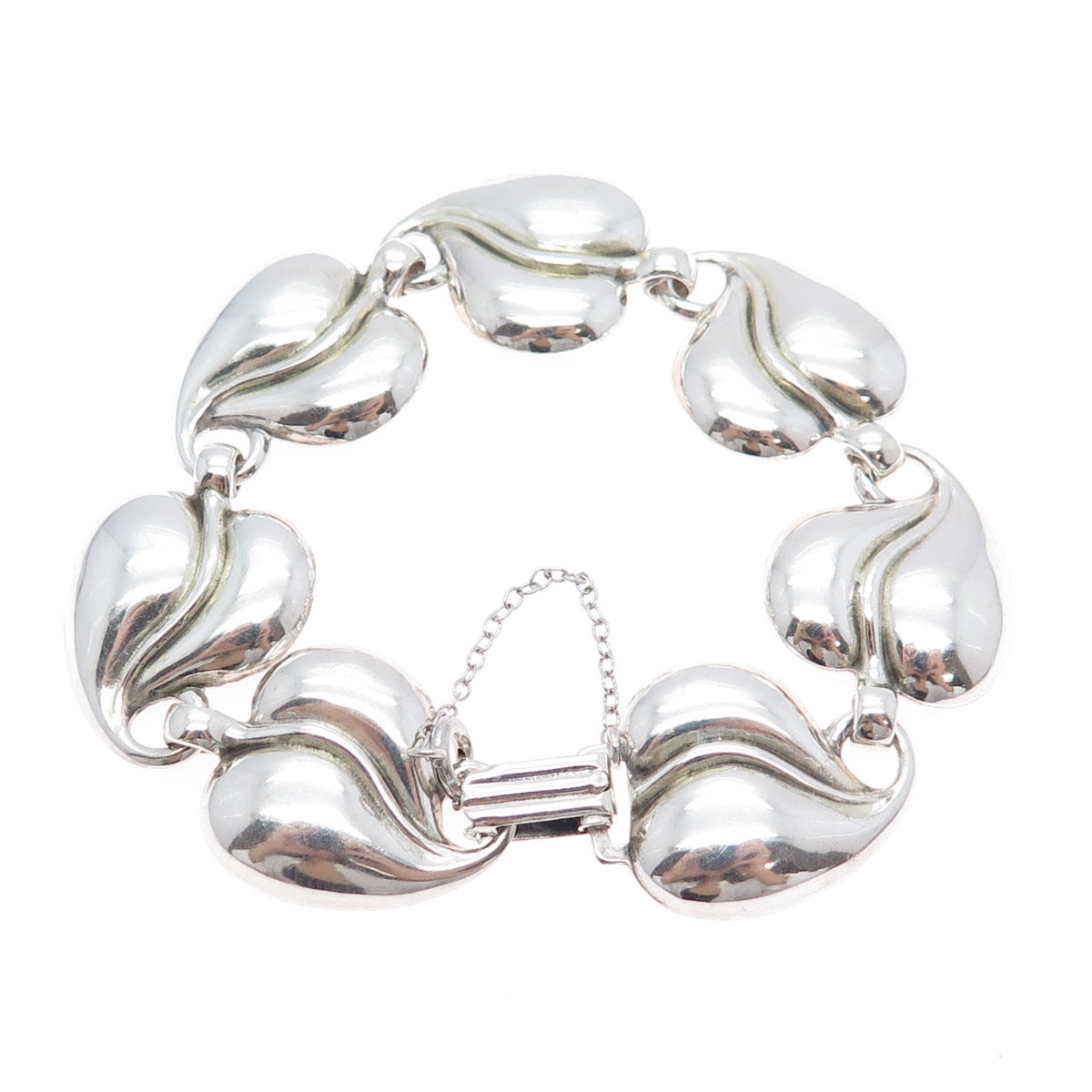 925 Sterling Silver Antique Art Deco Floral Heart Leaf Link Bracelet 6.75"