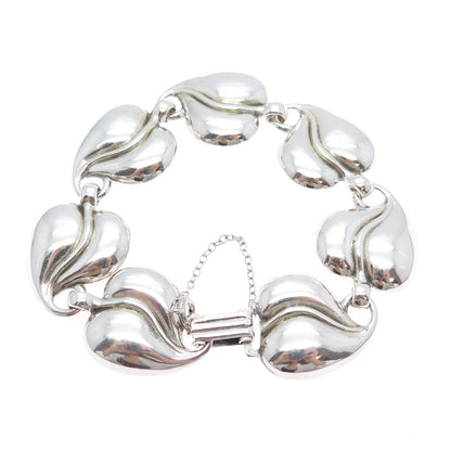 925 Sterling Silver Antique Art Deco Floral Heart Leaf Link Bracelet 6.75"