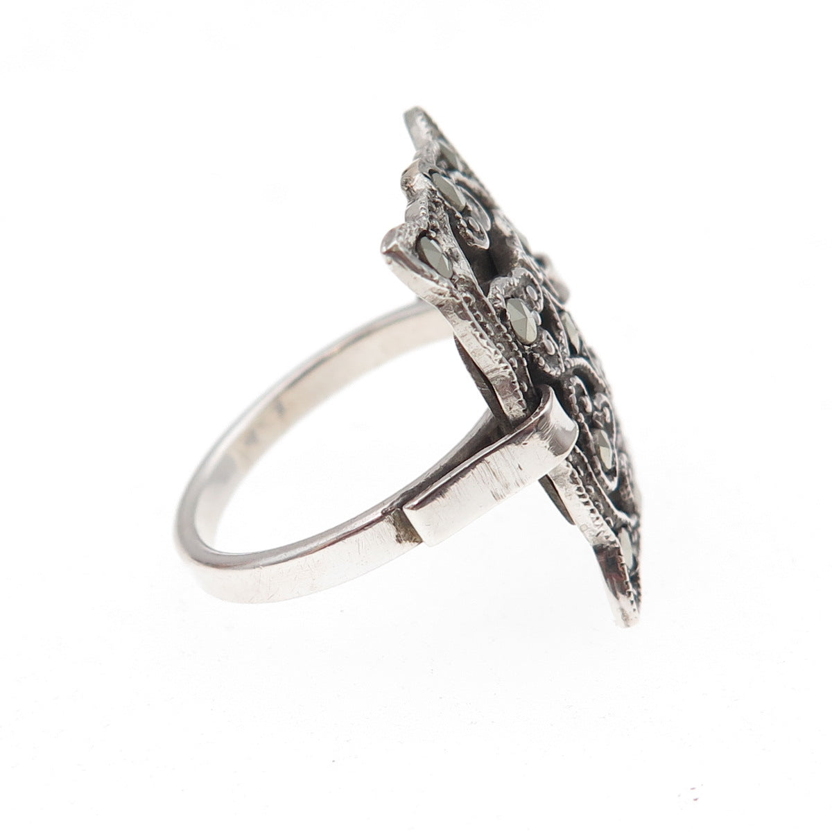 925 Sterling Silver Antique Art Deco Marcasite Floral Oxidized Ring Size 6.25