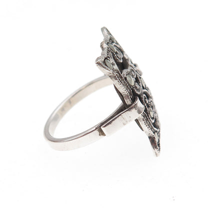 925 Sterling Silver Antique Art Deco Marcasite Floral Oxidized Ring Size 6.25