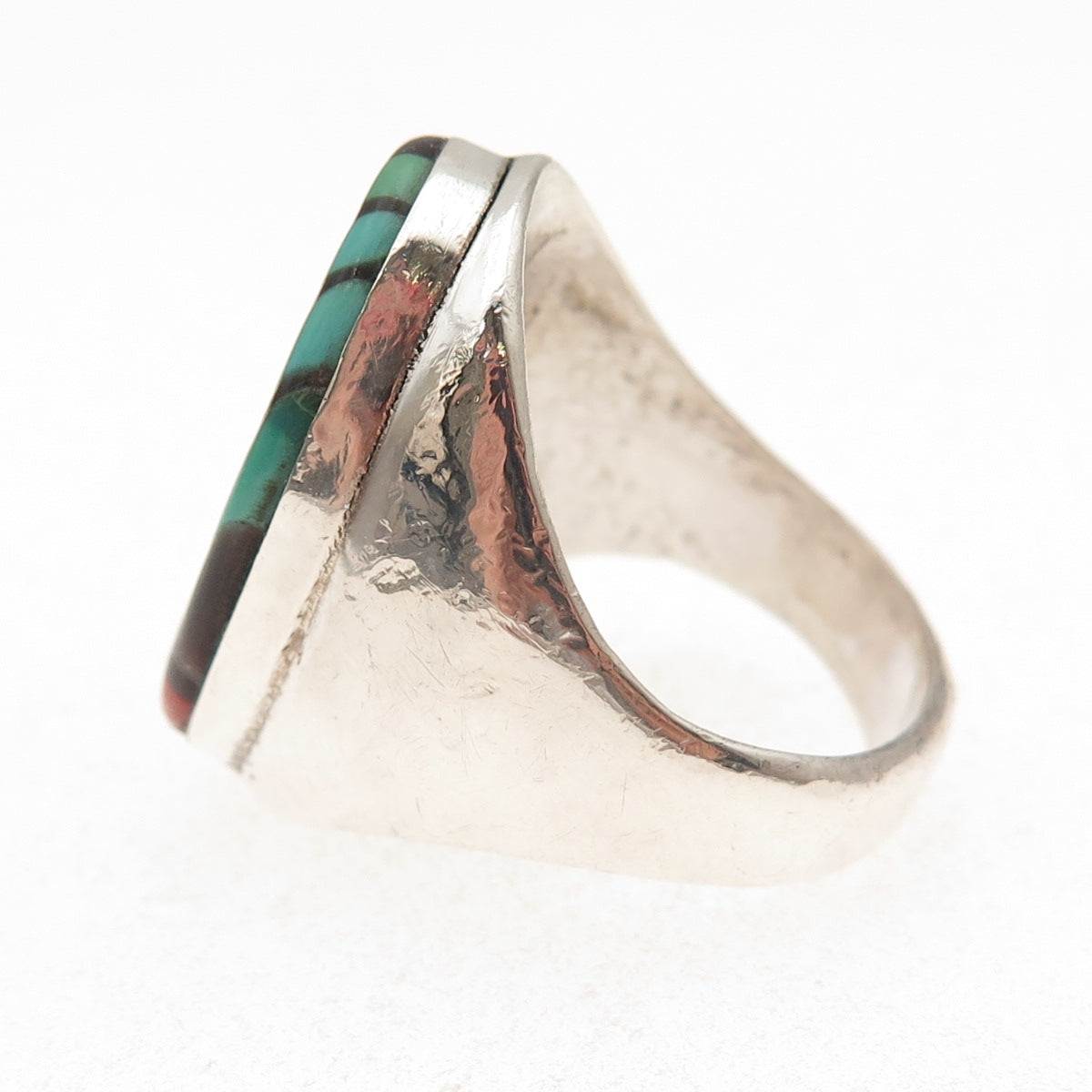 Lucy Gchachu Zuni Old Pawn 925 Sterling Turquoise Coral Onyx MOP Ring Size 11.5