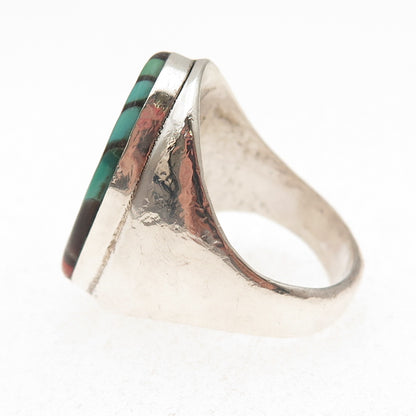 Lucy Gchachu Zuni Old Pawn 925 Sterling Turquoise Coral Onyx MOP Ring Size 11.5