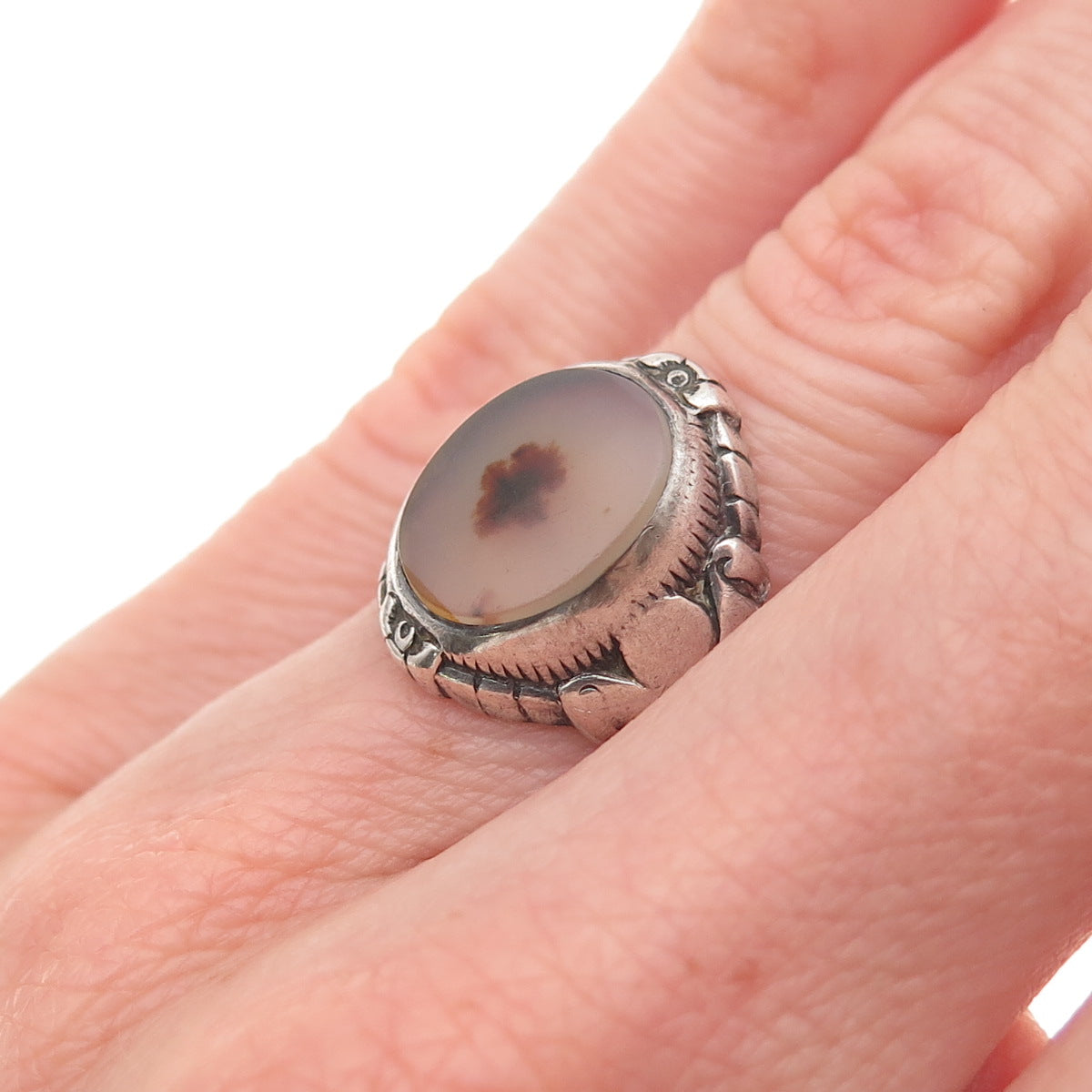 925 Sterling Silver Antique Victorian Real Agate Ring Size 6 (broken shank)