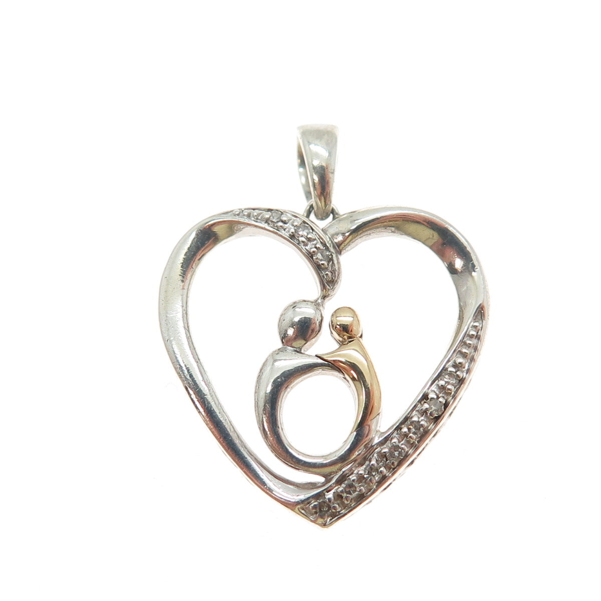 10K Rose Gold 925 Sterling Silver Real Diamond Mom & Child Heart Mini Pendant