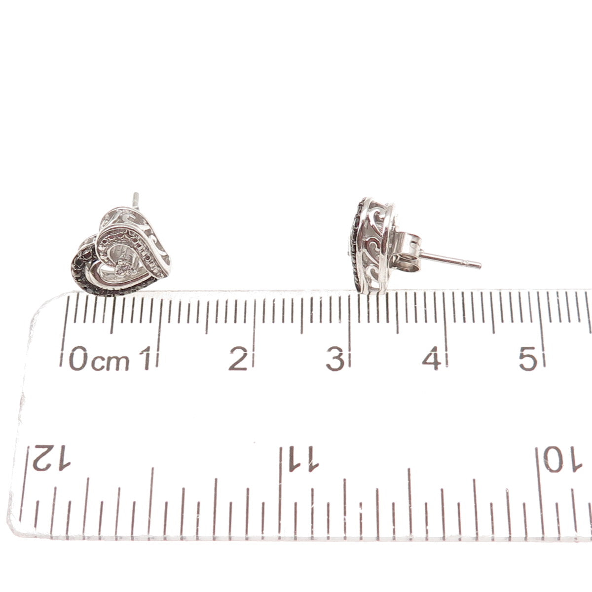 Jane Seymour 925 Sterling Silver Real Black & White Diamond Heart Stud Earrings