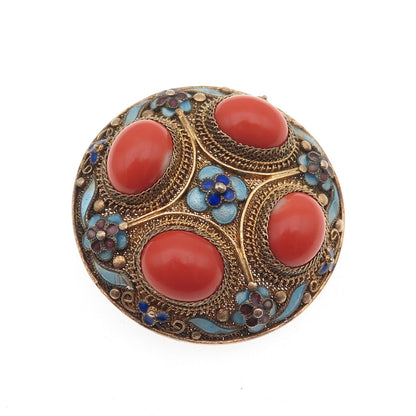 925 Sterling Silver Gold Plated Antique China Enamel Real Coral Floral Brooch
