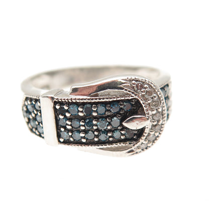 925 Sterling Silver Real Blue & White Diamond Belt Buckle Ring Size 6.25