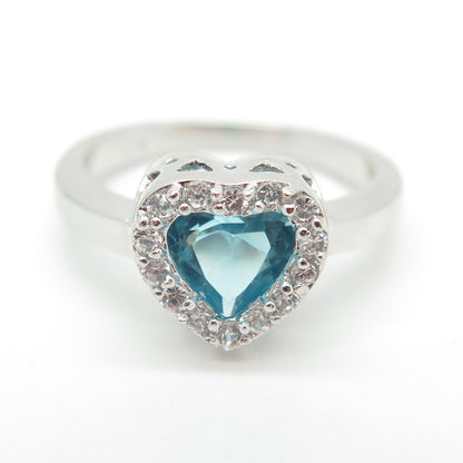 925 Sterling Silver White & Blue C Z Heart Ring Size 7