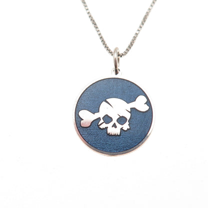 925 Sterling Silver Blue Enamel Skull & Bone Box Chain Necklace 18"