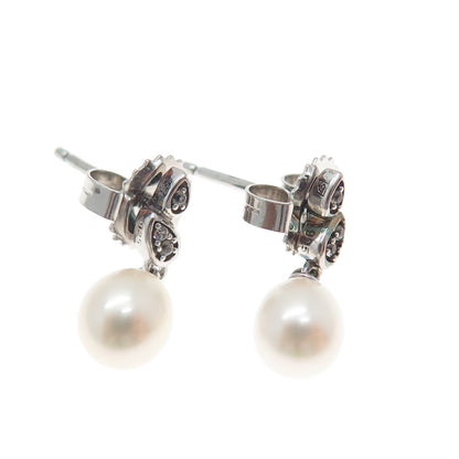 MICHELLE ALBALA Sterling Silver Real Pearl & White Topaz Floral Dangle Earrings