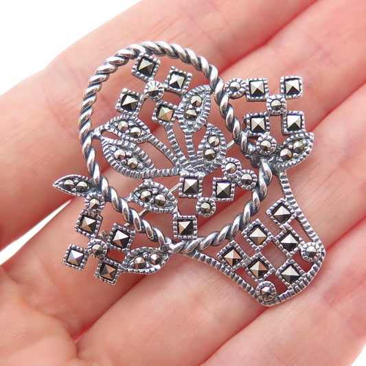 925 Sterling Silver Vintage Real Marcasite Flower Bouquet Oxidized Pin Brooch