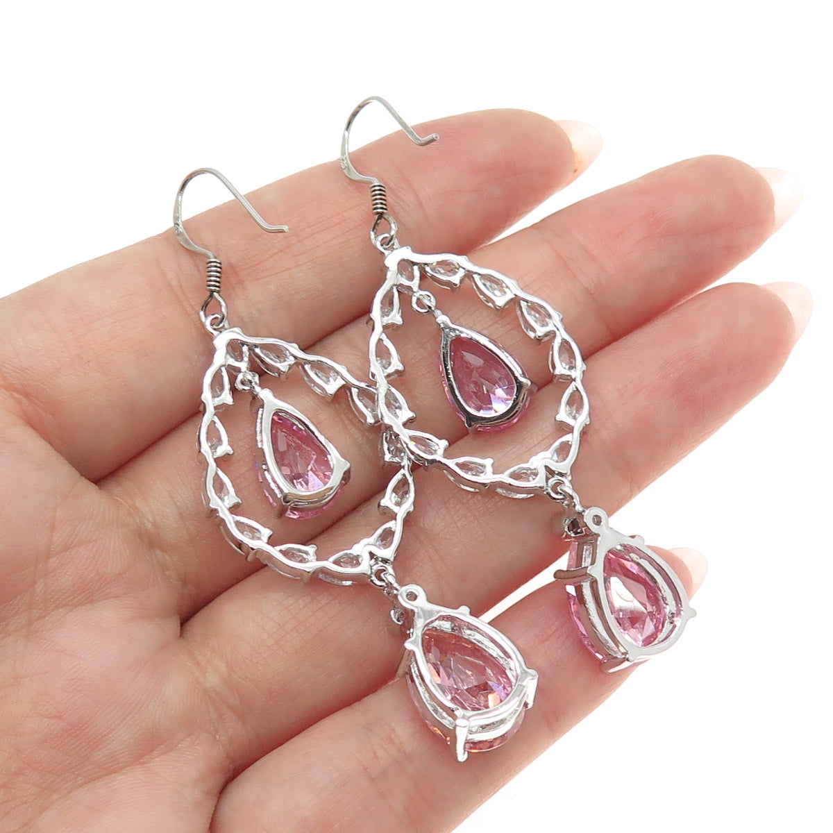 925 Sterling Silver White & Pink C Z Chandelier Dangle Hook Earrings