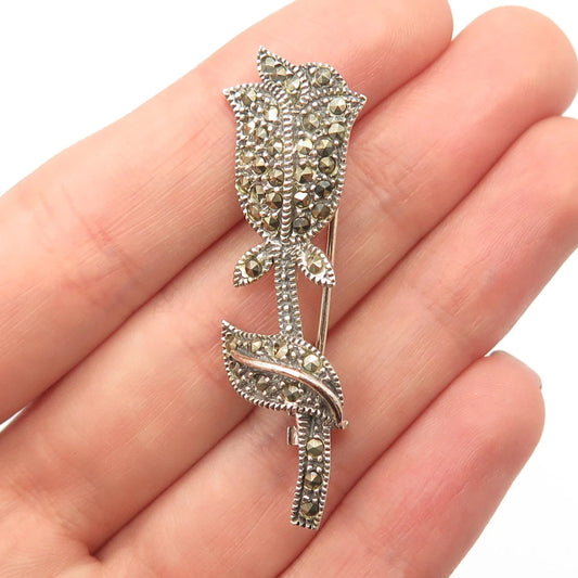 925 Sterling Silver Vintage Real Marcasite Gemstone Rose Floral Pin Brooch