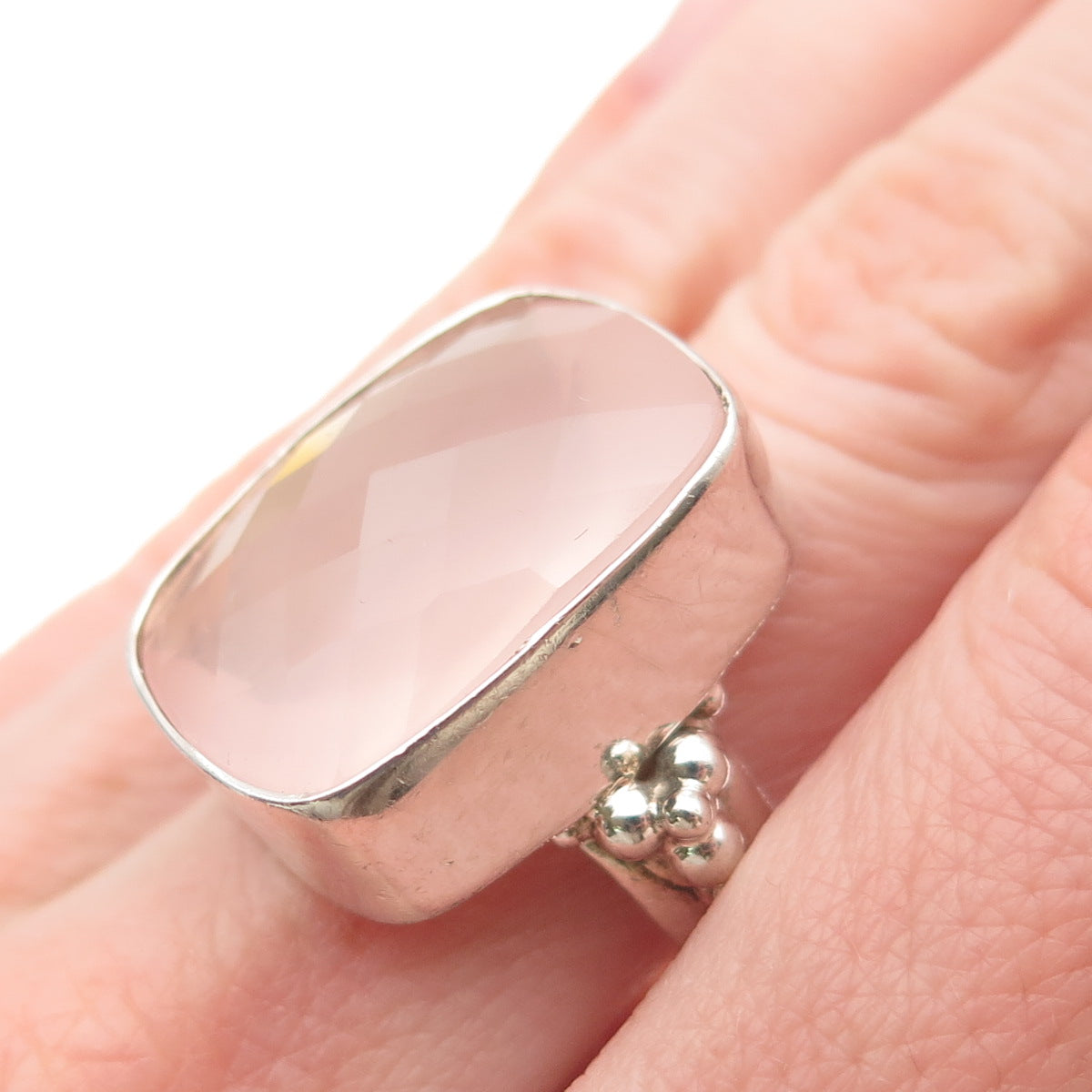 CID Clyde Duneier Sterling Silver Vintage Real Rose Quartz Modernist Ring Size 9