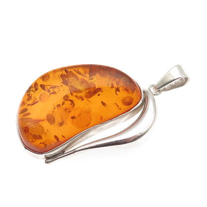 925 Sterling Silver Vintage LL Poland Real Amber Modernist Pendant