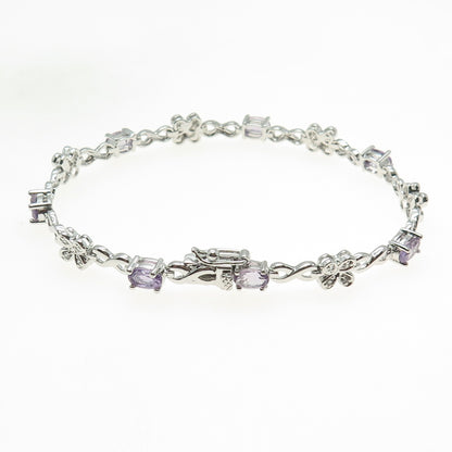 FADI 925 Sterling Silver Real Amethyst & C Z Flower Infinity Link Bracelet 7.5"