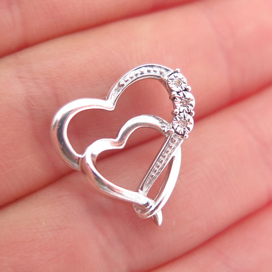 925 Sterling Silver Real Round-Cut Diamond Double Heart Mini Slide Charm Pendant
