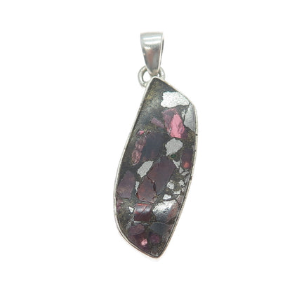 925 Sterling Vintage Real Pyrite Tourmaline & Red Garnet Inlay Modernist Pendant