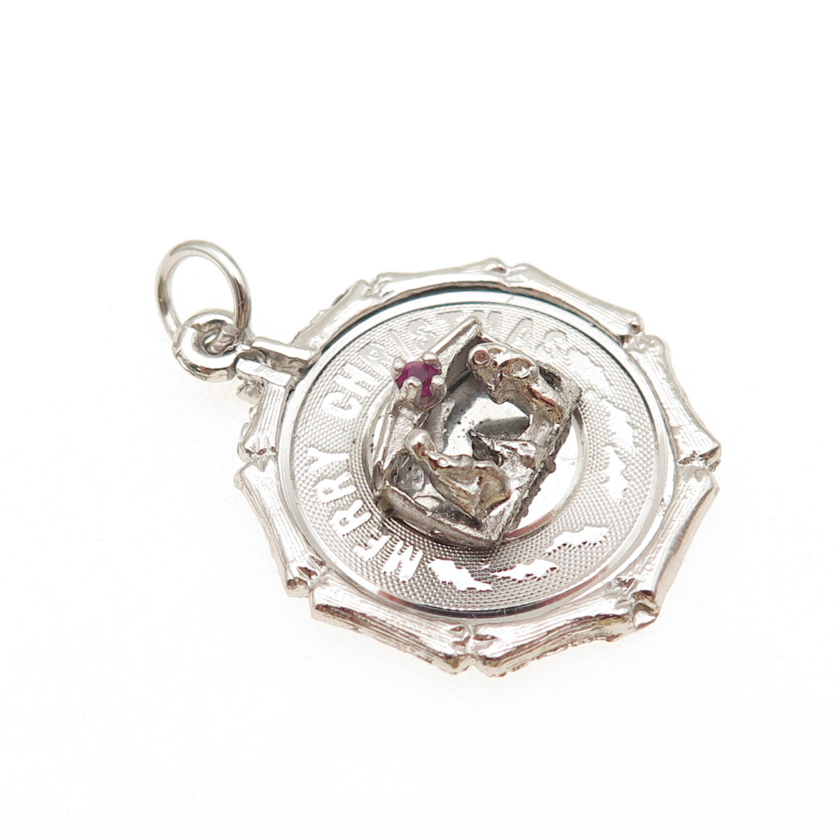 925 Sterling Silver Vintage Rhinestone Merry Christmas Nativity Charm Pendant