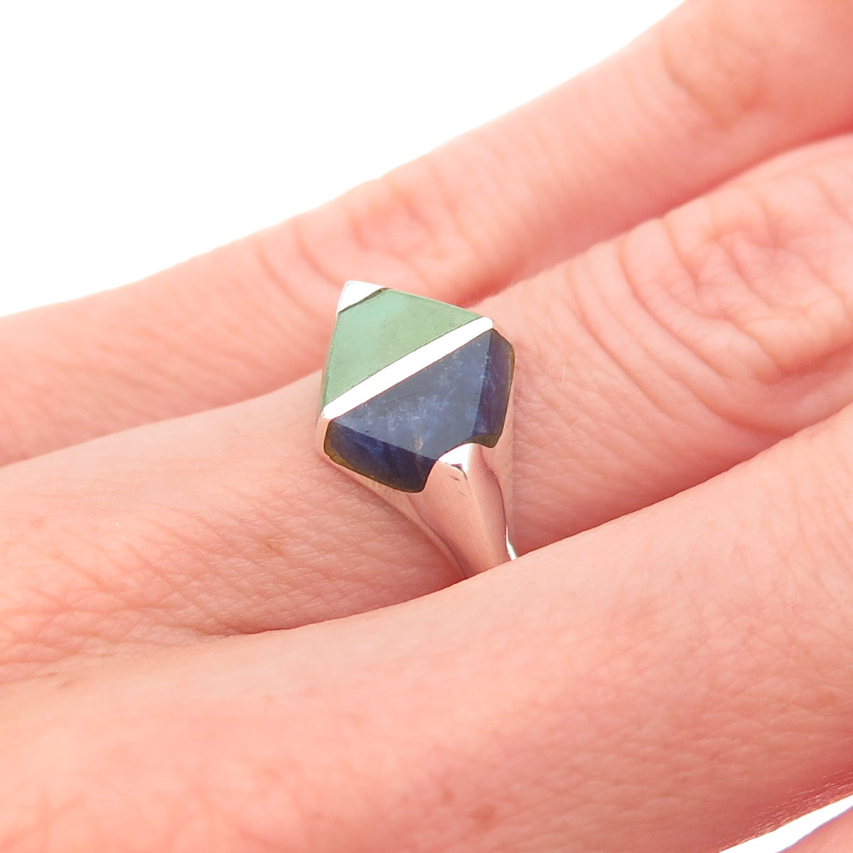 925 Sterling Silver Vintage Mexico Real Turquoise Sodalite Modernist Ring Size 6