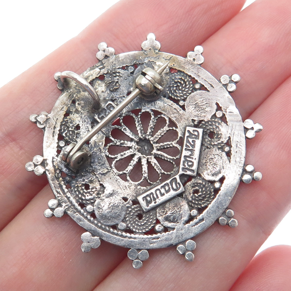 AZRIEL DAVID 925 Sterling Vintage Real Agate Fortune Wheel Oxidized Pin Pendant