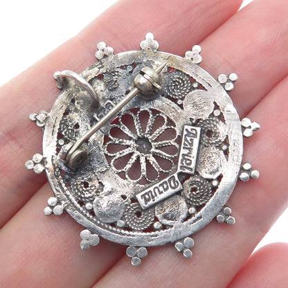 AZRIEL DAVID 925 Sterling Vintage Real Agate Fortune Wheel Oxidized Pin Pendant