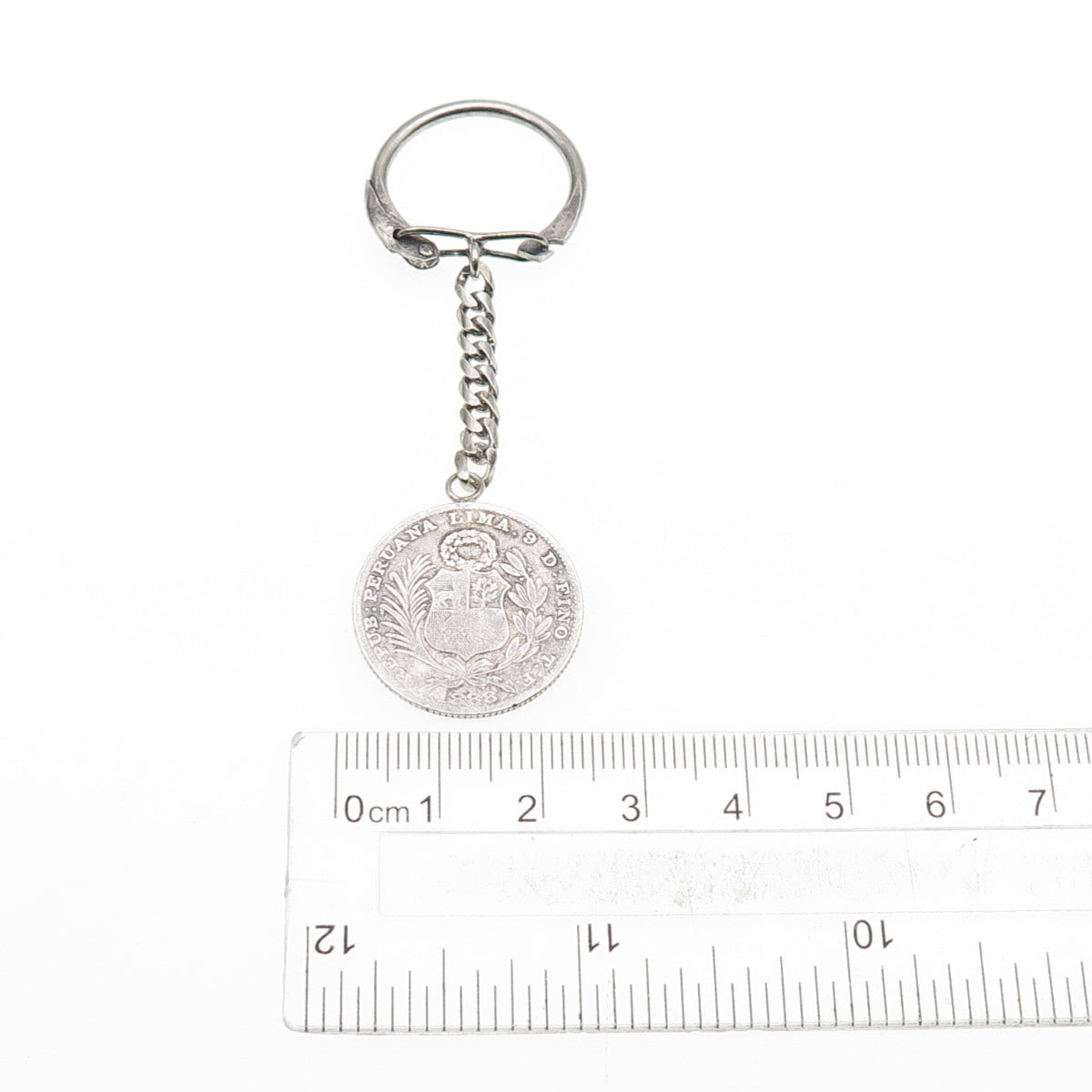 925 Sterling & 900 Coin Silver Antique 1888 Peru 1/5 Sol Key Fob Chain