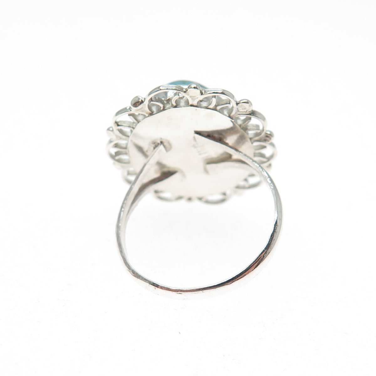 925 Sterling Silver Vintage Faux Turquoise Filigree Flower Ring Size 5