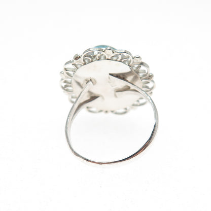 925 Sterling Silver Vintage Faux Turquoise Filigree Flower Ring Size 5