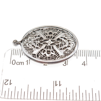 925 Sterling Silver Antique Art Deco Floral Filigree Oxidized Charm Pendant