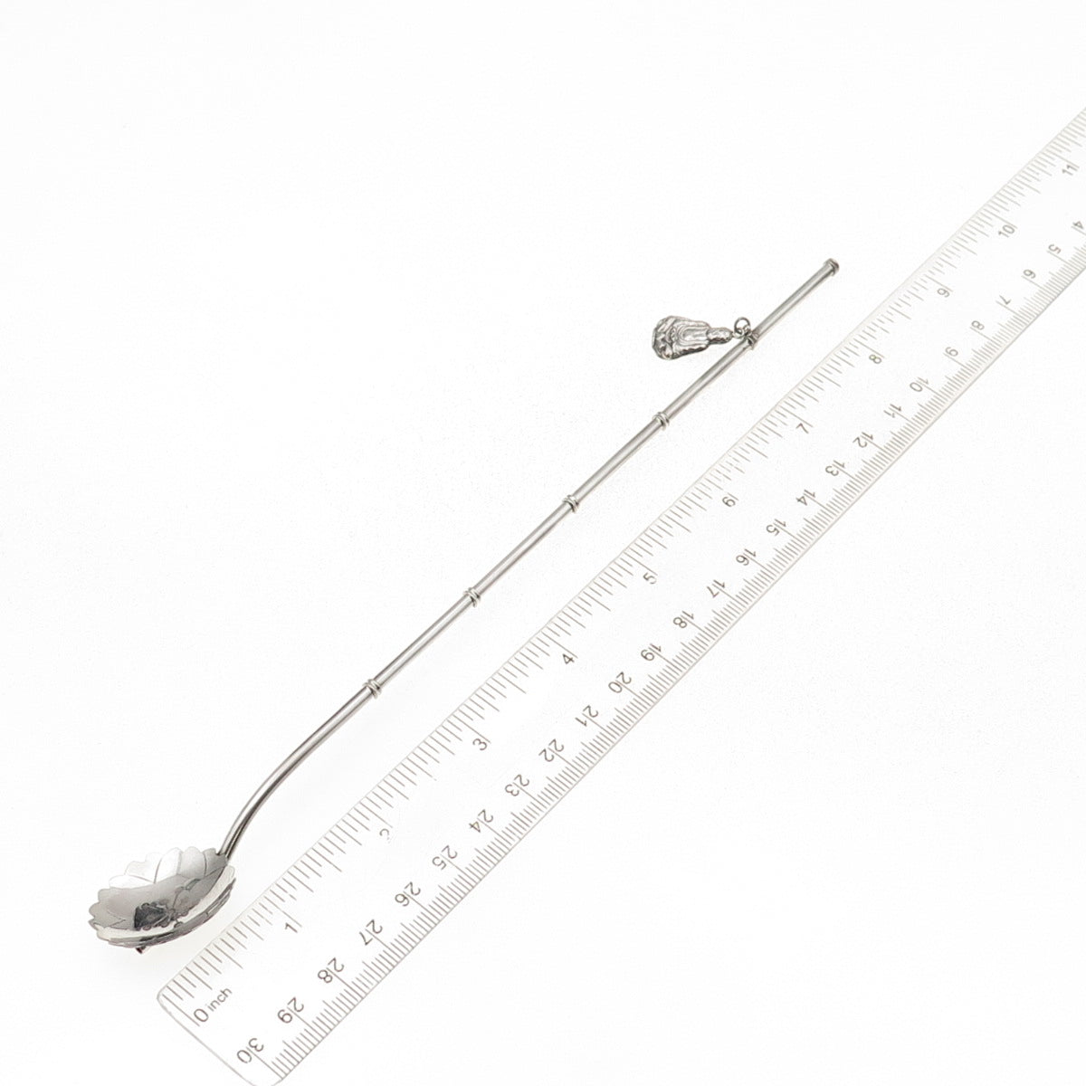 925 Sterling Silver Antique Japan Buddha Charm Bamboo Iced Tea Straw Spoon