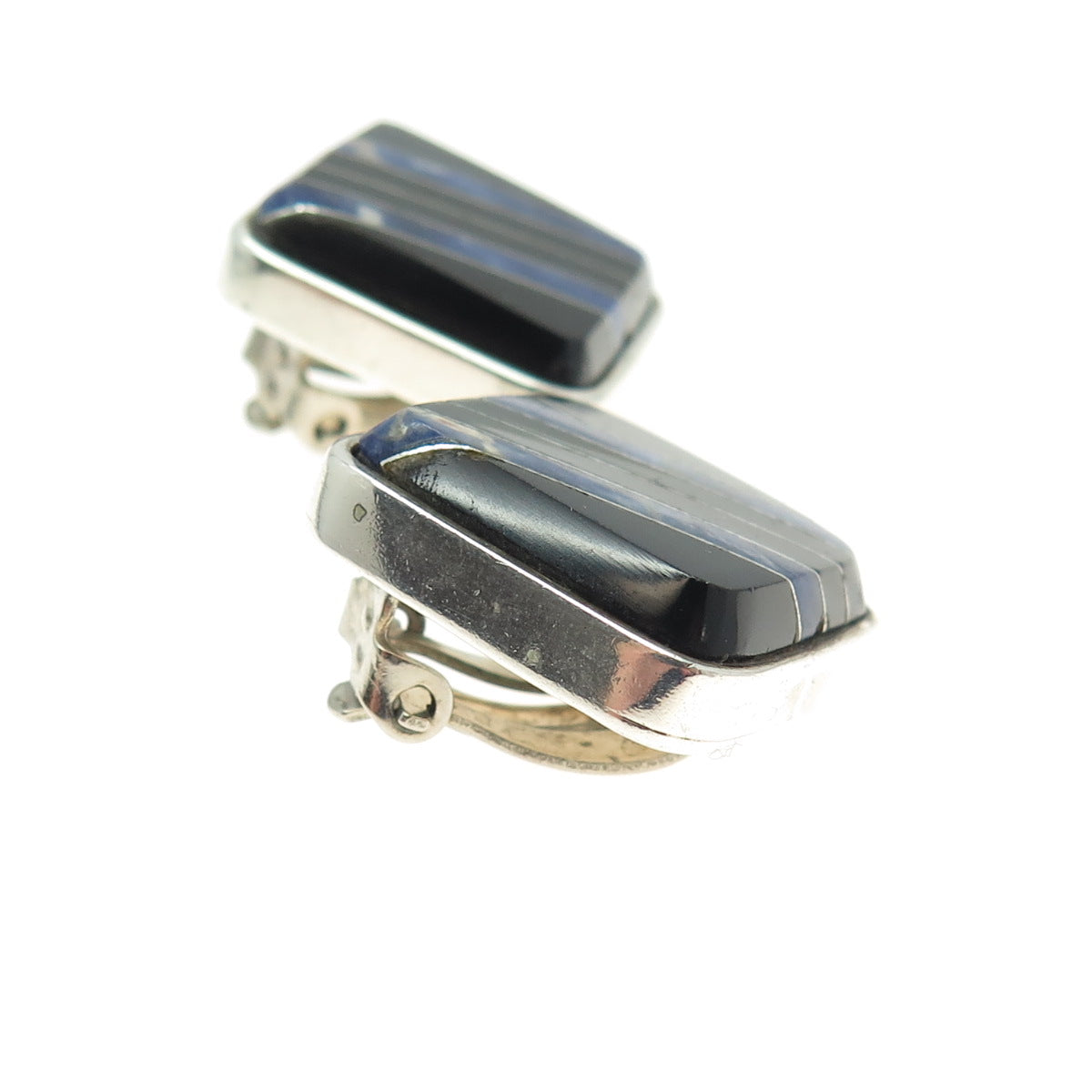 925 Sterling Silver Vintage Mexico Real Sodalite & Black Onyx Clip On Earrings