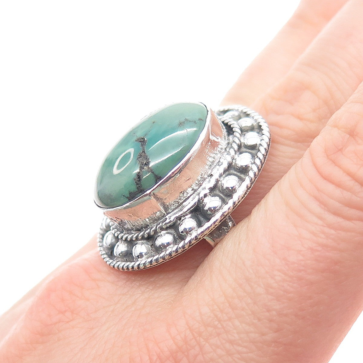 925 Sterling Silver Vintage Real Royston Turquoise Beaded Ring Size 8.25