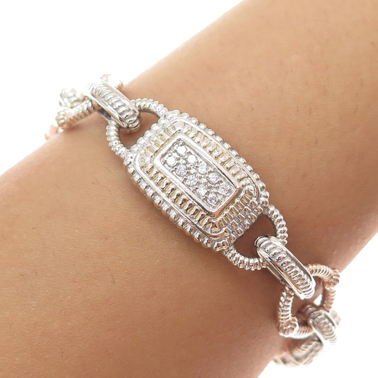 925 Sterling Silver 2-Tone Vintage Round-Cut C Z Panel Link Bracelet 6.75"