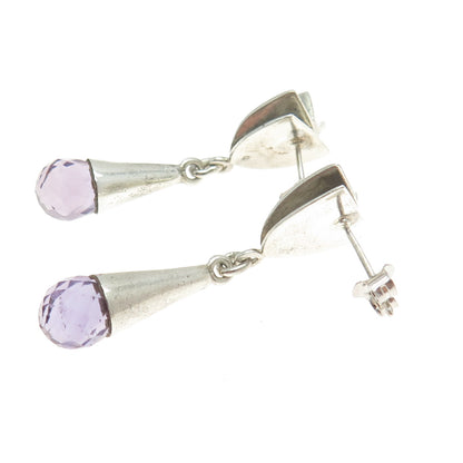 925 Sterling Silver Vintage Real Amethyst Modernist Drop Dangling Earrings