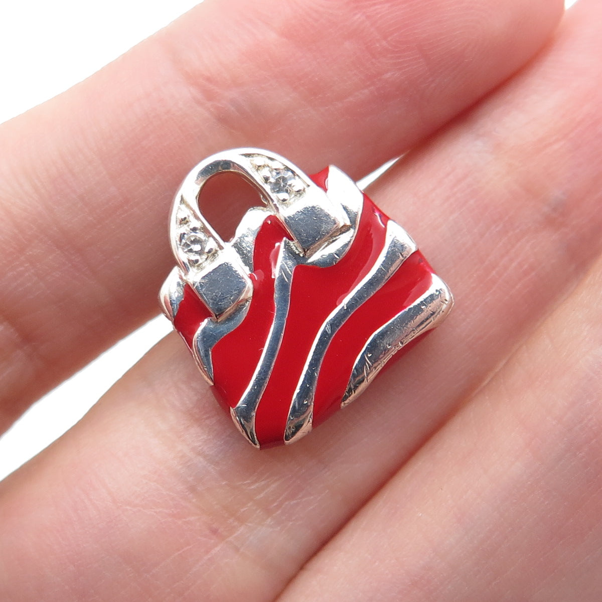 ROSS SIMONS 925 Sterling Silver Enamel & C Z Ladies Purse Minimalist Pendant