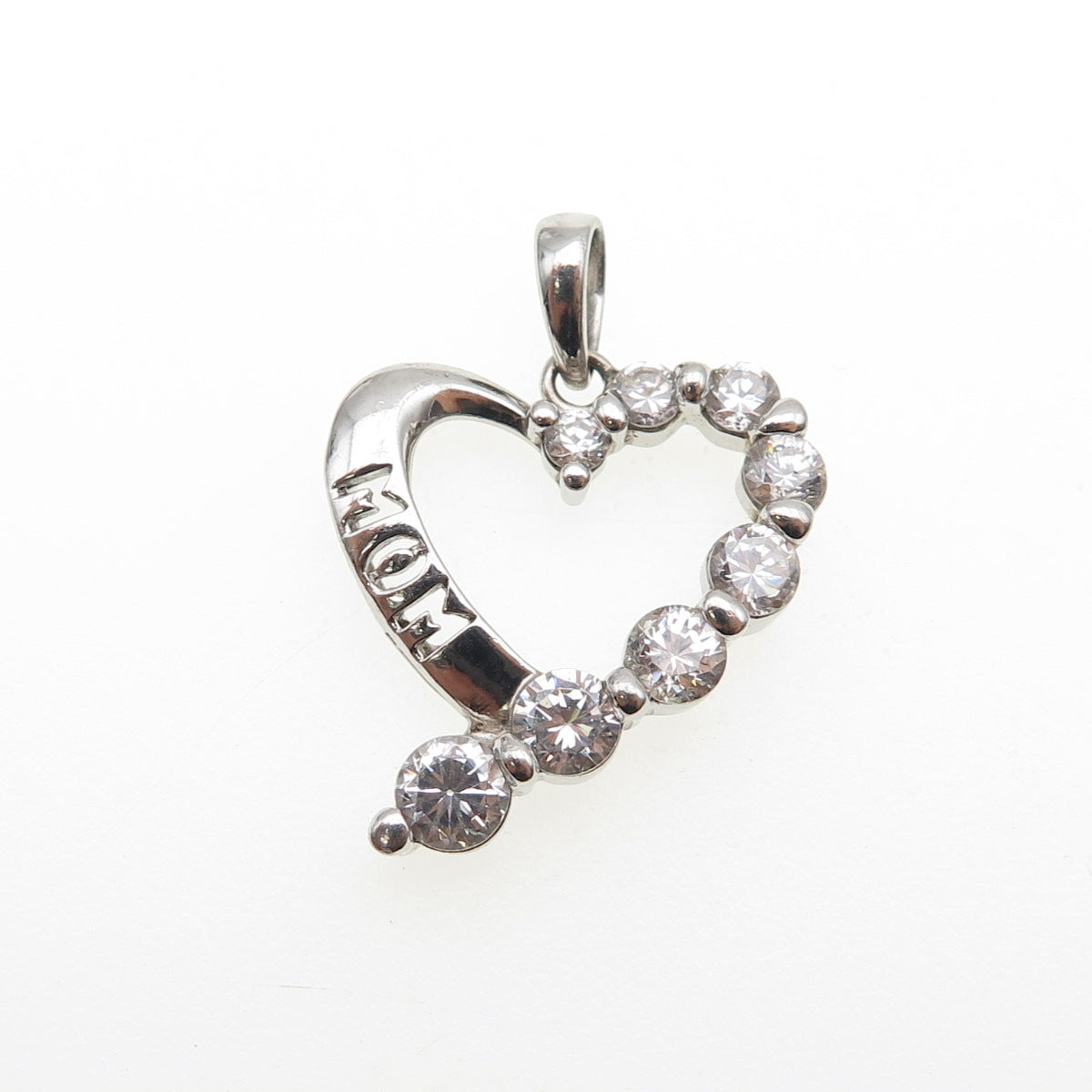925 Sterling Silver Graduated Round-Cut C Z Mom Heart Charm Pendant