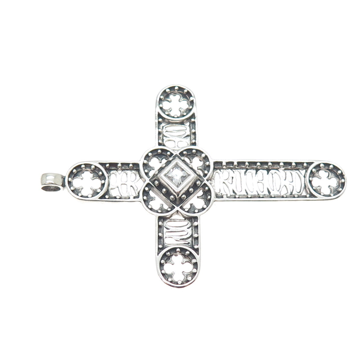 925 Sterling Silver Vintage Princess-Cut C Z Cross Oxidized Slide Pendant