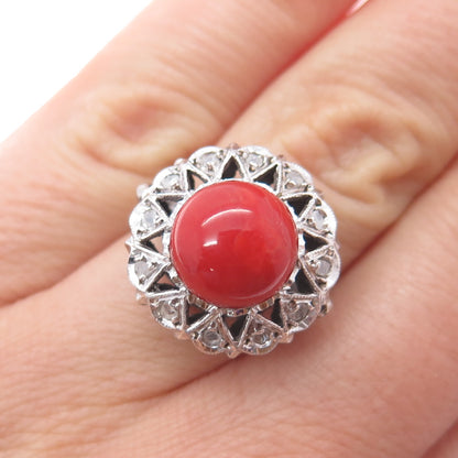 925 Sterling Silver Antique Art Deco Real Diamond & Coral Ring Size 6.25