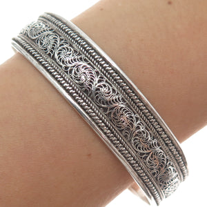 925 Sterling Silver Vintage Floral Filigree Oxidized Adjustable Bracelet 7.5"