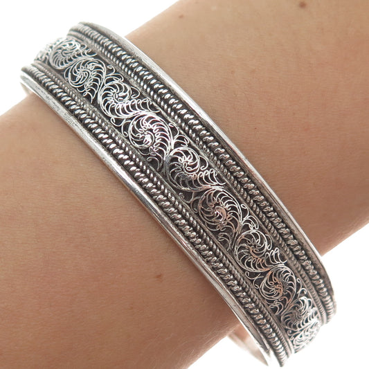 925 Sterling Silver Vintage Floral Filigree Oxidized Adjustable Bracelet 7.5"