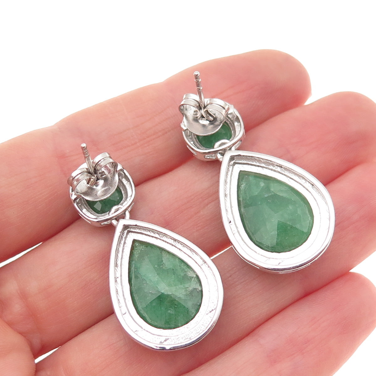 925 Sterling Silver Real Cushion & Pear-Cut Emerald Dangle Earrings
