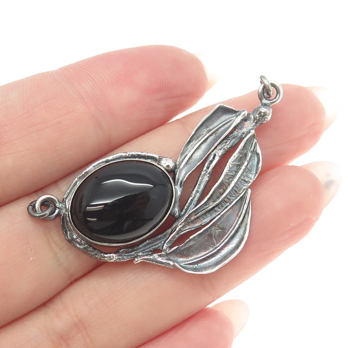 AVI SOFFER Sterling Vintage Israel Onyx Modernist Feather Centerpiece Pendant