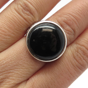 925 Sterling Silver Vintage Real Black Onyx Gem Round Ring Size 7.25