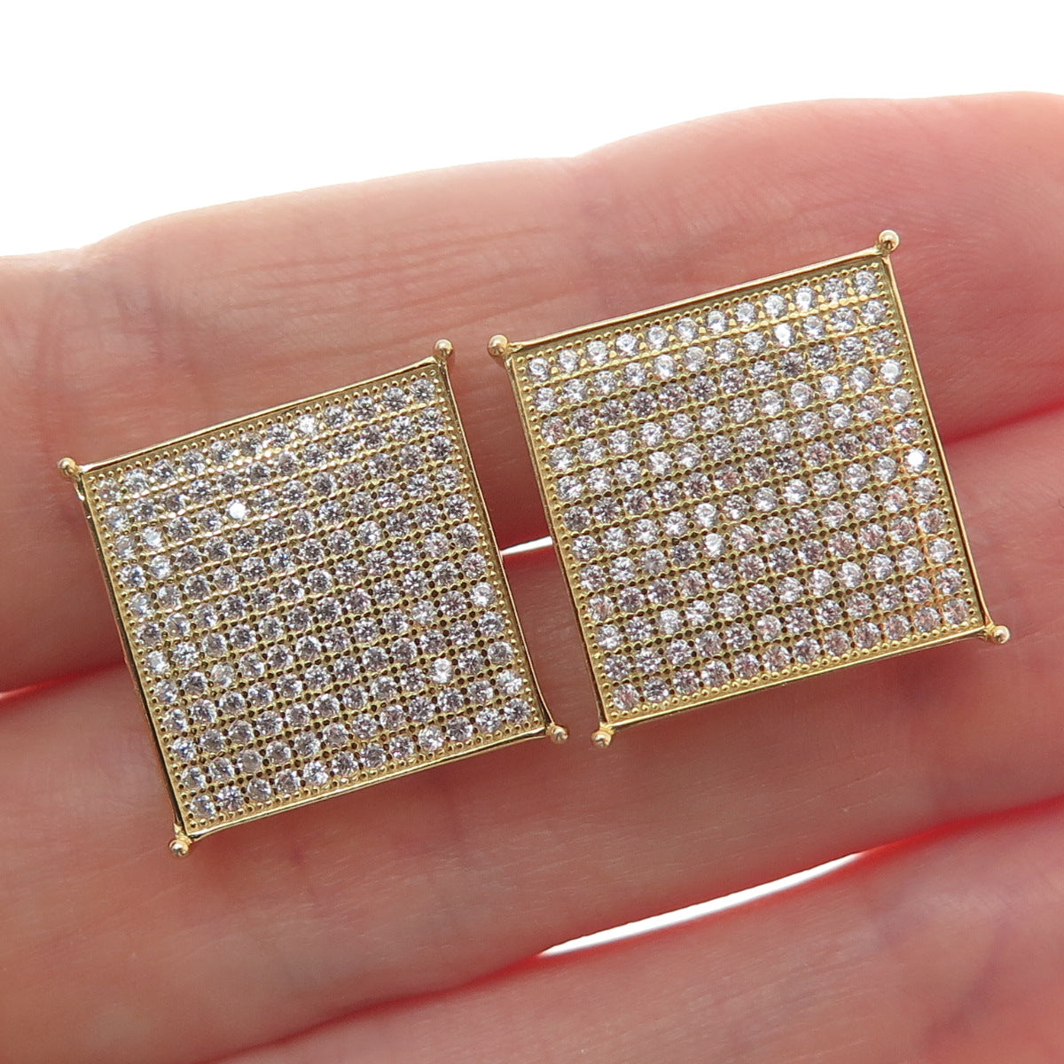 925 Sterling Silver Gold Plated Round-Cut C Z Princess Square Stud Earrings