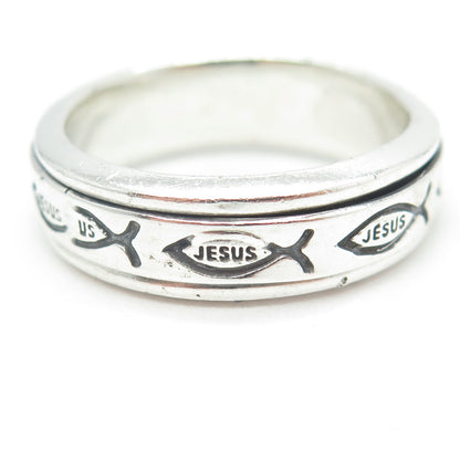 925 Sterling Silver Vintage Jesus Ichthys Religious Rotating Band Ring Size 13.5