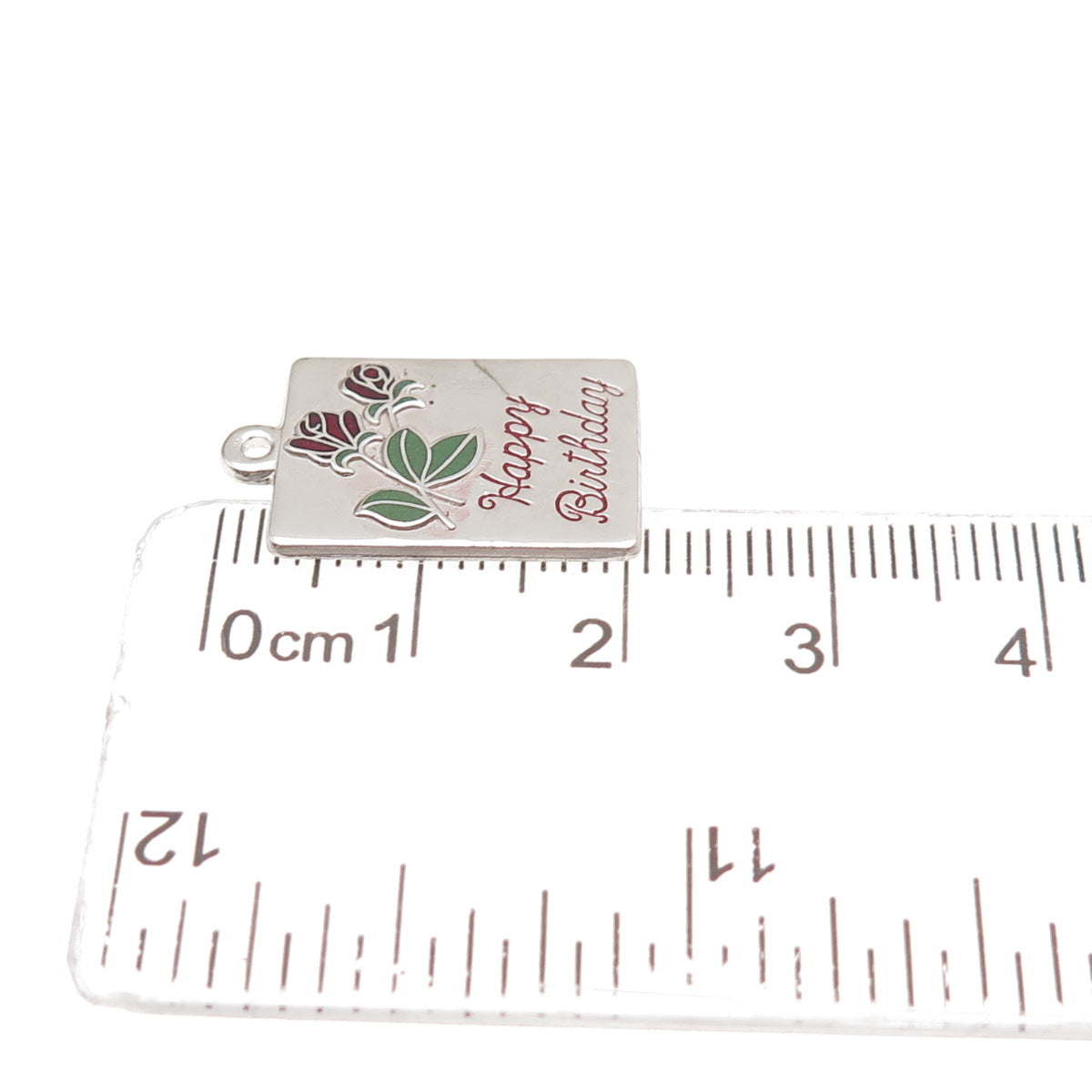 BEAU 925 Sterling Silver Vintage Enamel Happy Birthday Rose Mini Charm Pendant