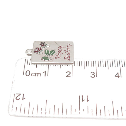 BEAU 925 Sterling Silver Vintage Enamel Happy Birthday Rose Mini Charm Pendant