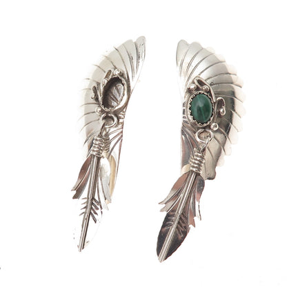 Old Pawn 925 Sterling Silver Vintage Malachite Feather Earrings (missing stone)