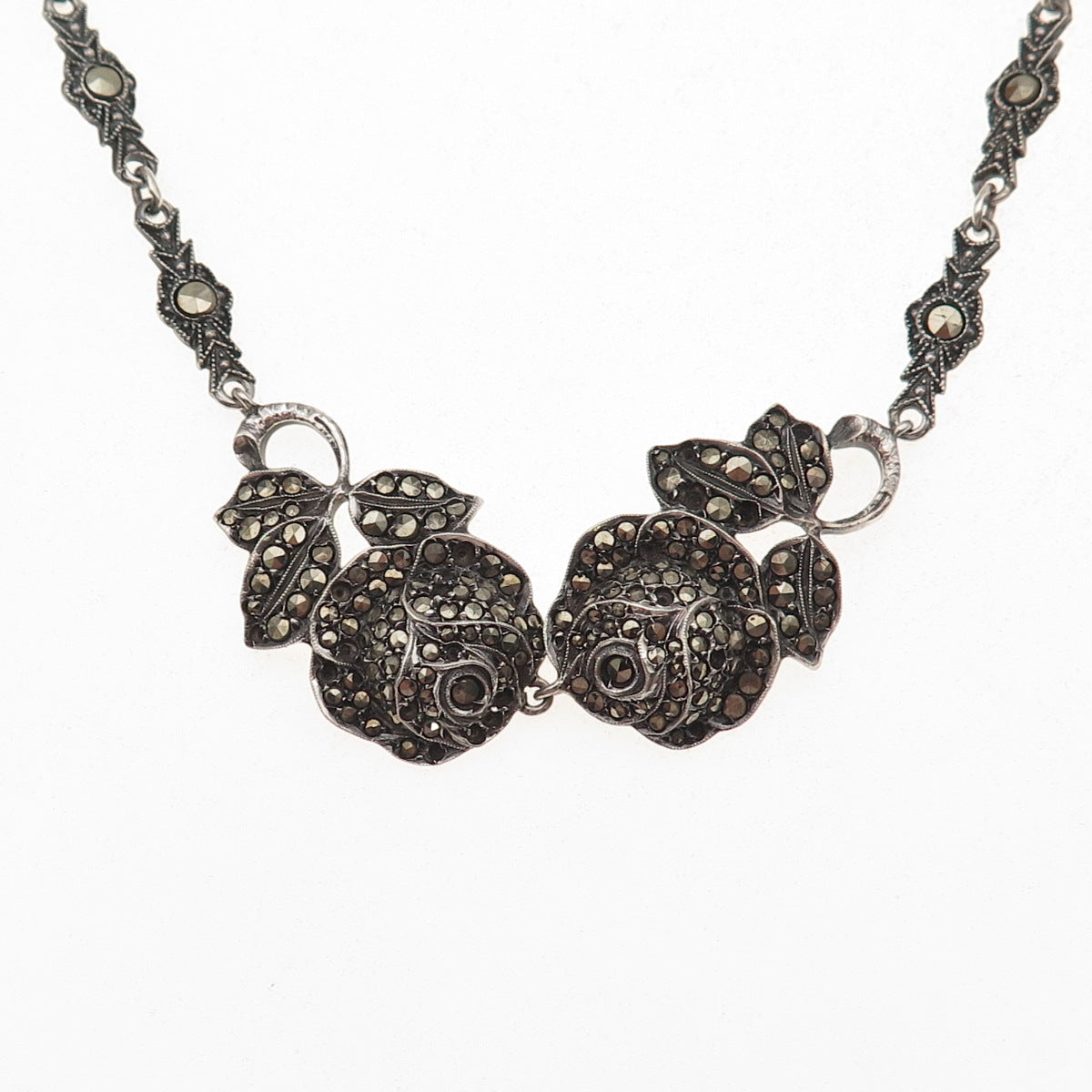 925 Sterling Antique Germany Marcasite Rose Necklace 16" (missing 19 stones)